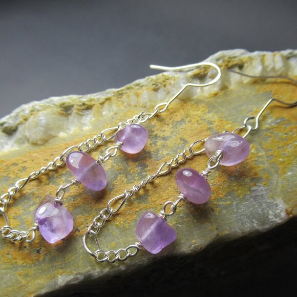 Rain Chain Amethyst Earrings, Pierced Dangle Earrings - Picture 4 of 6